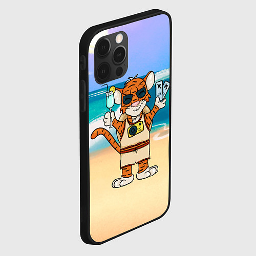 Чехол iPhone 12 Pro Тигр в отпуске на новый год на море / 3D-Черный – фото 2
