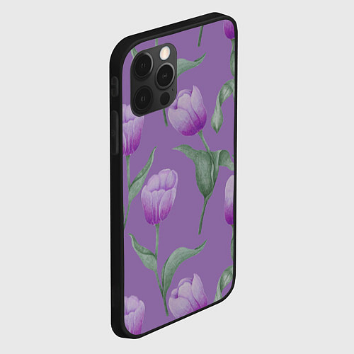 Чехол iPhone 12 Pro Фиолетовые тюльпаны с зелеными листьями / 3D-Черный – фото 2