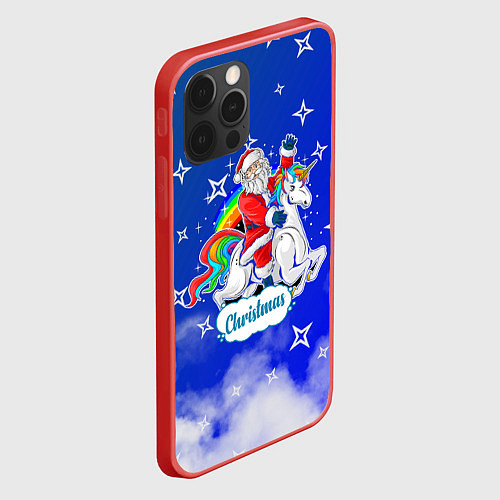 Чехол iPhone 12 Pro Новогодний Санта с Единорогом / 3D-Красный – фото 2