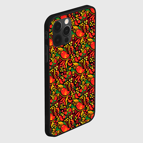 Чехол iPhone 12 Pro Желтые и красные цветы, птицы и ягоды хохлома / 3D-Черный – фото 2