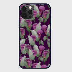 Чехол iPhone 12 Pro Фиолетовые каллы на темно фиолетовом фоне