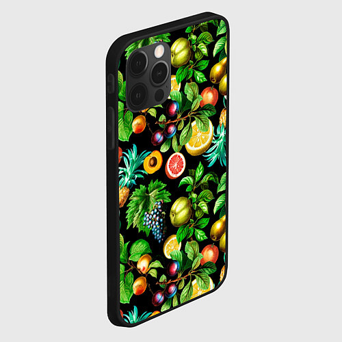 Чехол iPhone 12 Pro Сочные фрукты - персик, груша, слива, ананас / 3D-Черный – фото 2