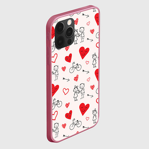 Чехол iPhone 12 Pro Романтические сердечки / 3D-Малиновый – фото 2