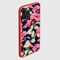 Чехол для iPhone 12 Pro Цветы Розовые Гибискусы На Тёмно-Синем Фоне, цвет: 3D-красный — фото 2