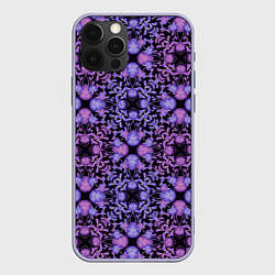 Чехол для iPhone 12 Pro Розово-фиолетовый цветочный орнамент на черном, цвет: 3D-светло-сиреневый