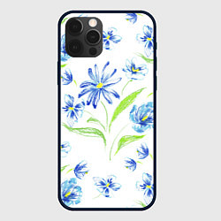 Чехол для iPhone 12 Pro Цветы Синие Нарисованные Карандашами, цвет: 3D-черный
