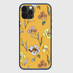 Чехол для iPhone 12 Pro Цветы Нарисованные На Золотом Фоне, цвет: 3D-тёмно-синий