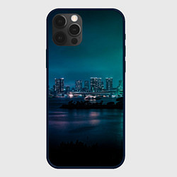 Чехол для iPhone 12 Pro Неоновый город с рекой - Светло-зелёный, цвет: 3D-черный
