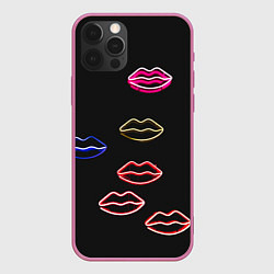 Чехол для iPhone 12 Pro Неоновое множество губ - Красный, цвет: 3D-малиновый