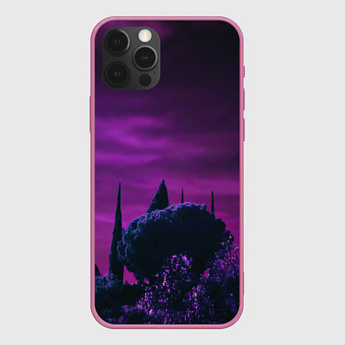 Чехол iPhone 12 Pro Ночное сияние в тёмном лесу - Фиолетовый / 3D-Малиновый – фото 1
