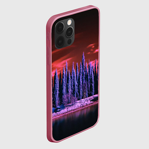 Чехол iPhone 12 Pro Абстрактный фиолетовый лес и тёмная река / 3D-Малиновый – фото 2