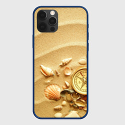 Чехол для iPhone 12 Pro Композиция из ракушек и компаса на песке, цвет: 3D-тёмно-синий