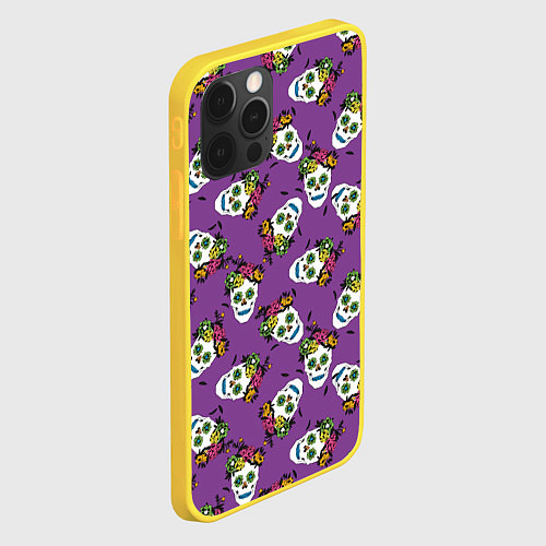 Чехол iPhone 12 Pro Сахарные черепа на фиолетовом паттерн / 3D-Желтый – фото 2