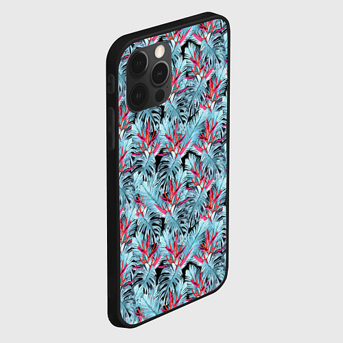 Чехол iPhone 12 Pro Голубые тропические листья и цветы / 3D-Черный – фото 2