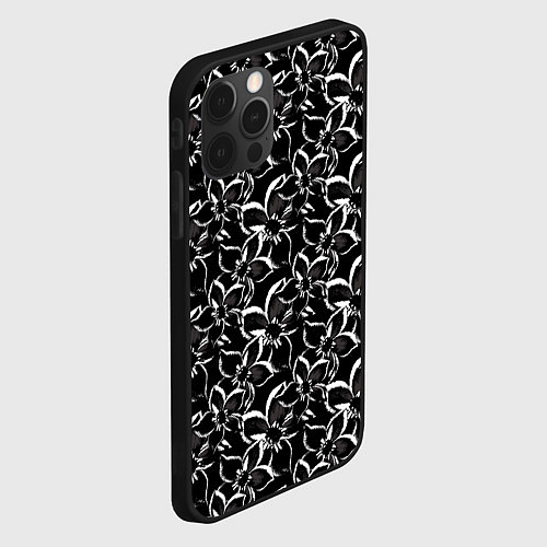 Чехол iPhone 12 Pro Черно-белый цветочный узор / 3D-Черный – фото 2