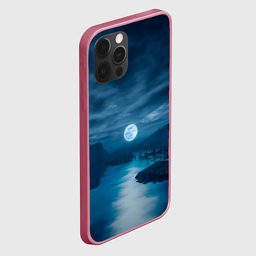 Чехол iPhone 12 Pro Пейзаж озера, берега и луны - Dear Esther / 3D-Малиновый – фото 2