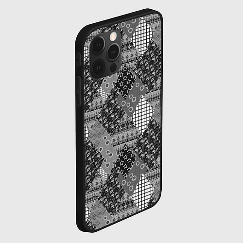 Чехол iPhone 12 Pro Black and White Ethnic Patchwork Pattern / 3D-Черный – фото 2