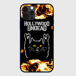 Чехол для iPhone 12 Pro Hollywood Undead рок кот и огонь, цвет: 3D-черный