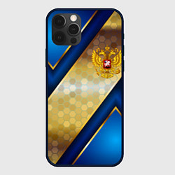 Чехол iPhone 12 Pro Золотой герб России на синем объемном фоне