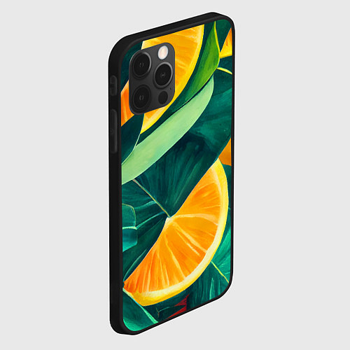 Чехол iPhone 12 Pro Листья монстеры и дольки апельсинов / 3D-Черный – фото 2