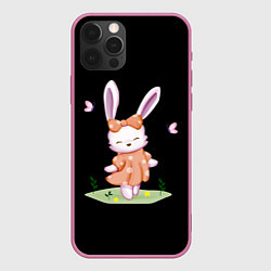 Чехол для iPhone 12 Pro Крольчонок С Бантиком На Чёрном Фоне, цвет: 3D-малиновый