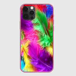 Чехол для iPhone 12 Pro Яркие разноцветные перья, цвет: 3D-малиновый