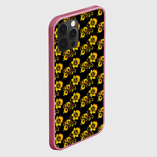 Чехол iPhone 12 Pro Хохломская роспись цветы на чёрном фоне / 3D-Малиновый – фото 2