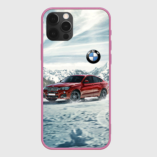 Чехол iPhone 12 Pro Крутая бэха в горах / 3D-Малиновый – фото 1