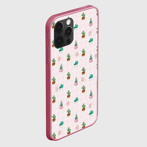Чехол iPhone 12 Pro Акварельные кактусы на розовой клетке / 3D-Малиновый – фото 2