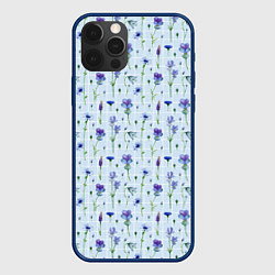 Чехол для iPhone 12 Pro Синие и фиолетовые цветы на голубой клетке, цвет: 3D-тёмно-синий
