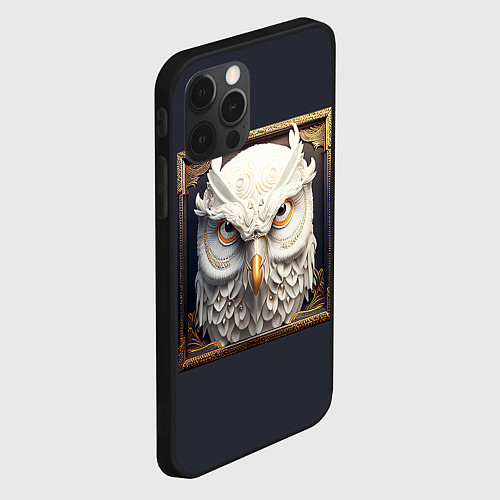 Чехол iPhone 12 Pro Белая сова - барельеф в раме / 3D-Черный – фото 2