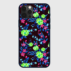 Чехол для iPhone 12 Pro Неоновые цветы - паттерн, цвет: 3D-черный