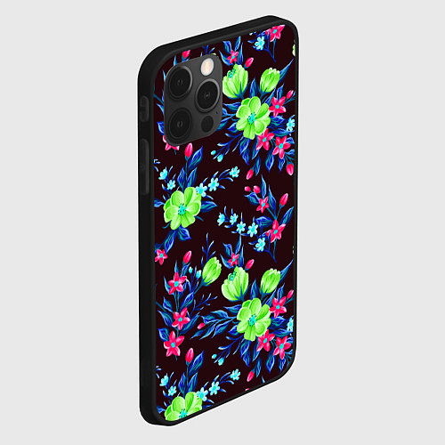 Чехол iPhone 12 Pro Неоновые цветы - паттерн / 3D-Черный – фото 2
