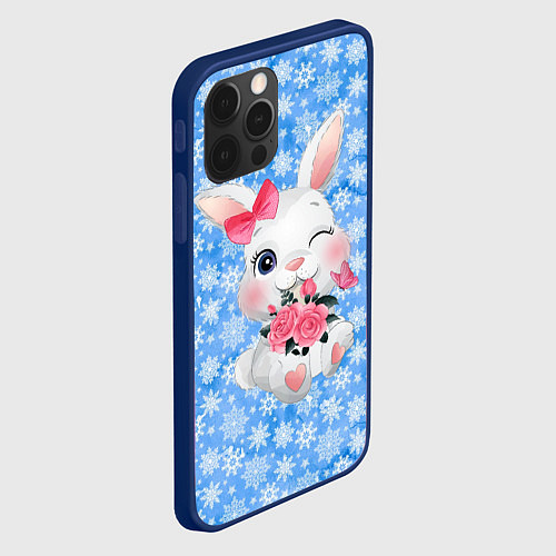 Чехол iPhone 12 Pro Зайка с цветами на фоне снежинок / 3D-Тёмно-синий – фото 2