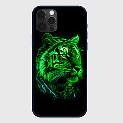 Чехол для iPhone 12 Pro Нейросеть: неоновый зелёный тигр, цвет: 3D-черный