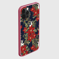 Чехол для iPhone 12 Pro Новый год 2023 красные цветы и олени, цвет: 3D-малиновый — фото 2