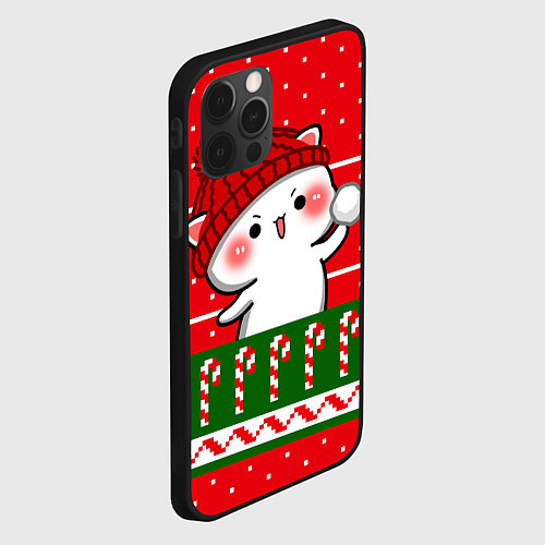 Чехол iPhone 12 Pro Белый котик - игра в снежки / 3D-Черный – фото 2