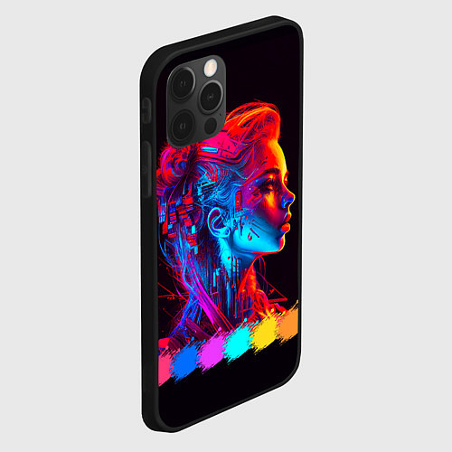 Чехол iPhone 12 Pro Нейросеть - девушка киборг в неоновом свечении / 3D-Черный – фото 2