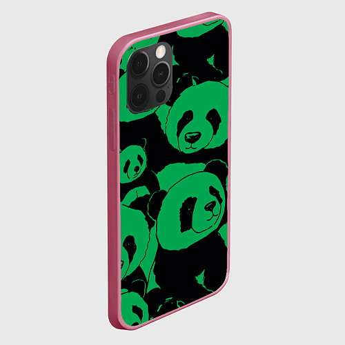 Чехол iPhone 12 Pro Panda green pattern / 3D-Малиновый – фото 2