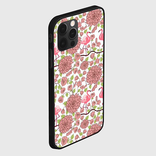 Чехол iPhone 12 Pro Фламинго и лотосы / 3D-Черный – фото 2