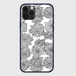 Чехол для iPhone 12 Pro Цветы хризантемы: линейный рисунок, цвет: 3D-черный