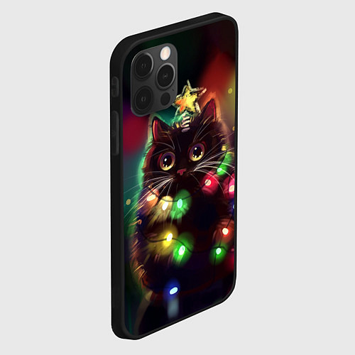 Чехол iPhone 12 Pro Новогодний котик с гирляндой / 3D-Черный – фото 2
