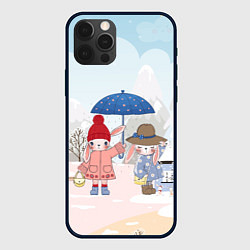 Чехол для iPhone 12 Pro Зайчики под зонтом, цвет: 3D-черный