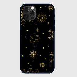 Чехол для iPhone 12 Pro Золотые снежинки на темном фоне, цвет: 3D-черный