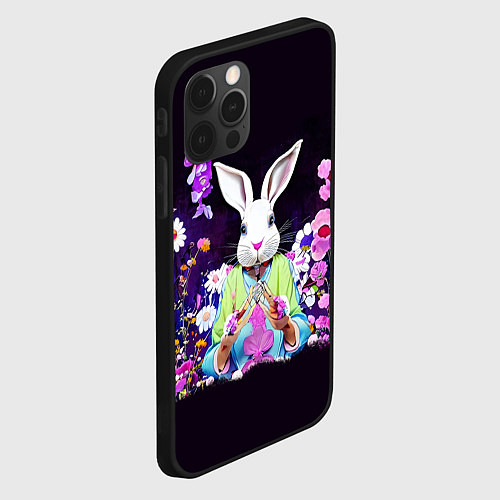 Чехол iPhone 12 Pro Кролик в цветах на черном фоне / 3D-Черный – фото 2