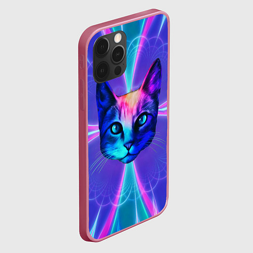 Чехол iPhone 12 Pro Яркий неоновый портрет кота / 3D-Малиновый – фото 2