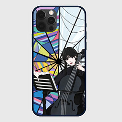 Чехол для iPhone 12 Pro Уэнсдэй играет на виолончели на фоне окна, цвет: 3D-черный