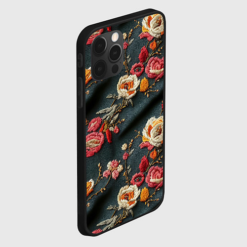 Чехол iPhone 12 Pro Эффект вышивки разные цветы / 3D-Черный – фото 2