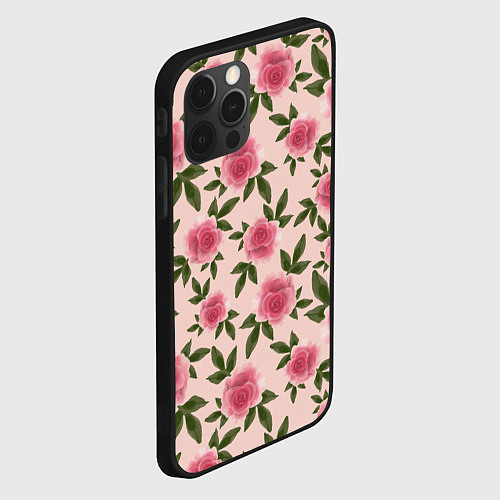 Чехол iPhone 12 Pro Акварельные розы на бежевом - паттерн / 3D-Черный – фото 2