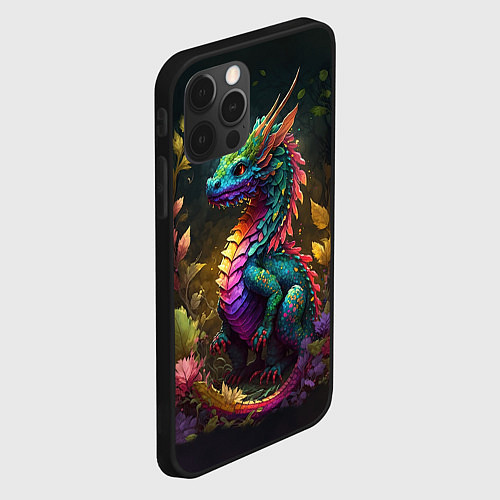 Чехол iPhone 12 Pro Разноцветный дракончик в лесу / 3D-Черный – фото 2
